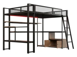 Cama de metal elevada 140x200 cm - con iluminação LED - con escrivaninha e prateleira de armazenamento - con porta USB - Preto (colchão não incluído)