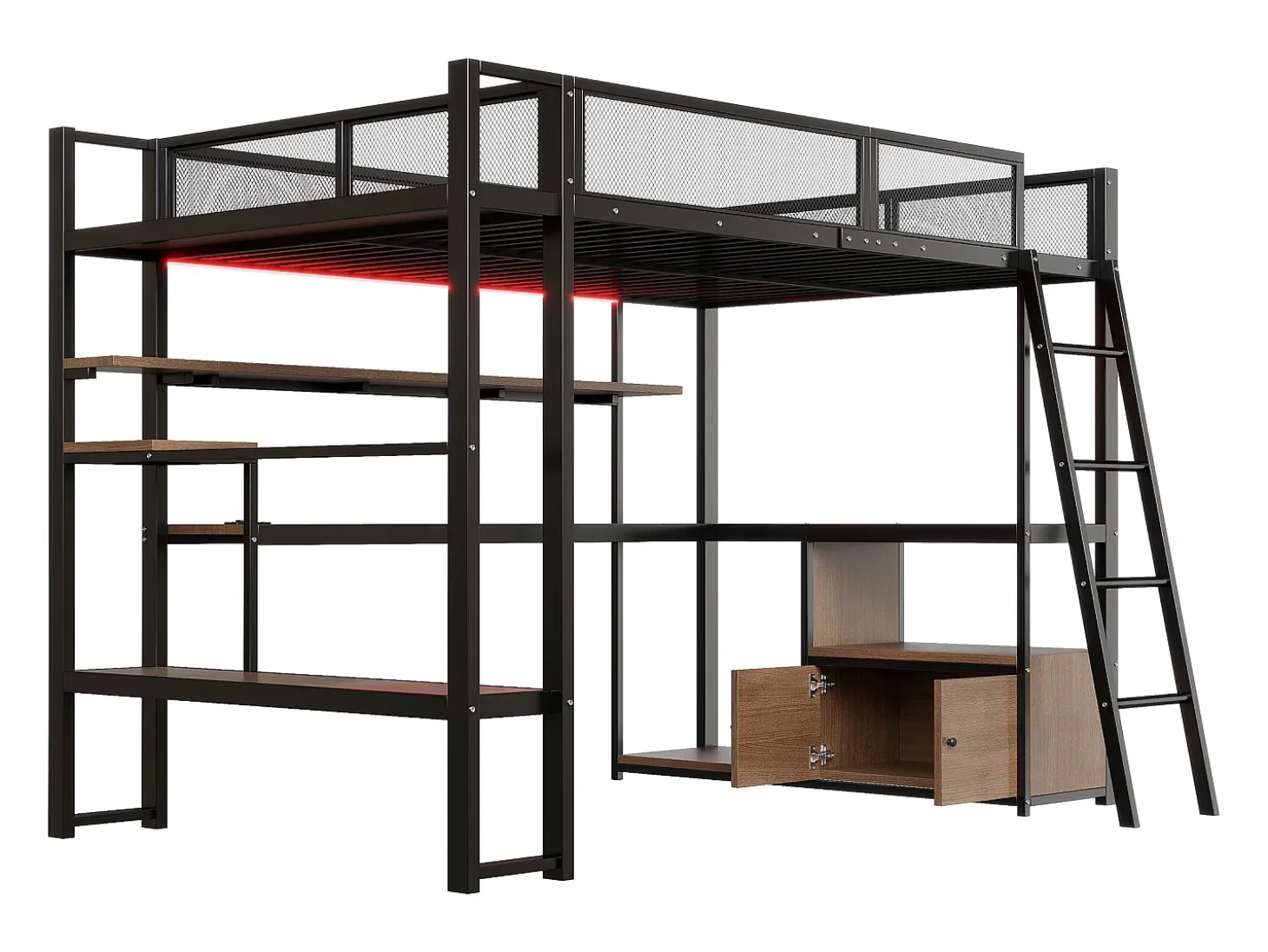 Cama de metal elevada 140x200 cm - con iluminação LED - con escrivaninha e prateleira de armazenamento - con porta USB - Preto (colchão não incluído)