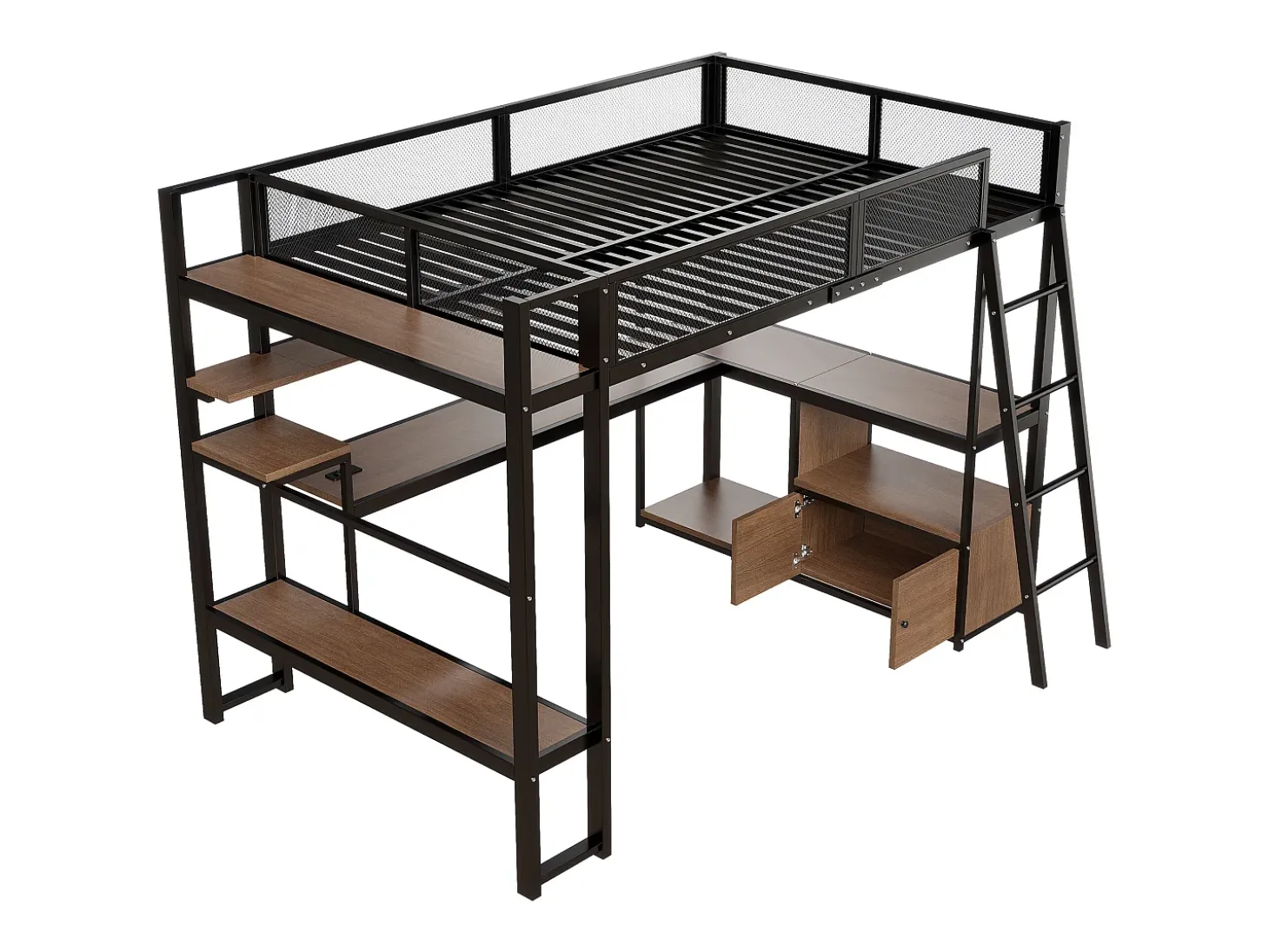 Cama de metal elevada 140x200 cm - con iluminação LED - con escrivaninha e prateleira de armazenamento - con porta USB - Preto (colchão não incluído)
