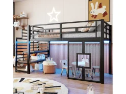 Cama de metal elevada 90x200cm - con iluminação LED - Design janela - Preto​ (sem colchão)