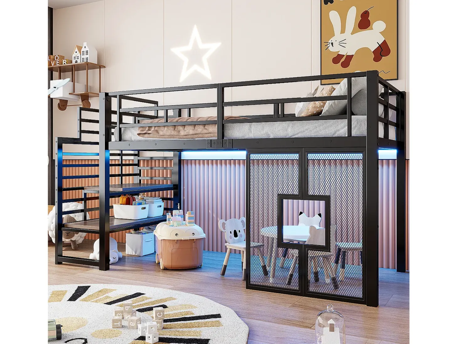 Cama de metal elevada 90x200cm - con iluminação LED - Design janela - Preto (sem colchão)