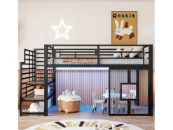 Cama de metal elevada 90x200cm - con iluminação LED - Design janela - Preto​ (sem colchão)