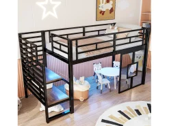 Cama de metal elevada 90x200cm - con iluminação LED - Design janela - Preto (sem colchão)