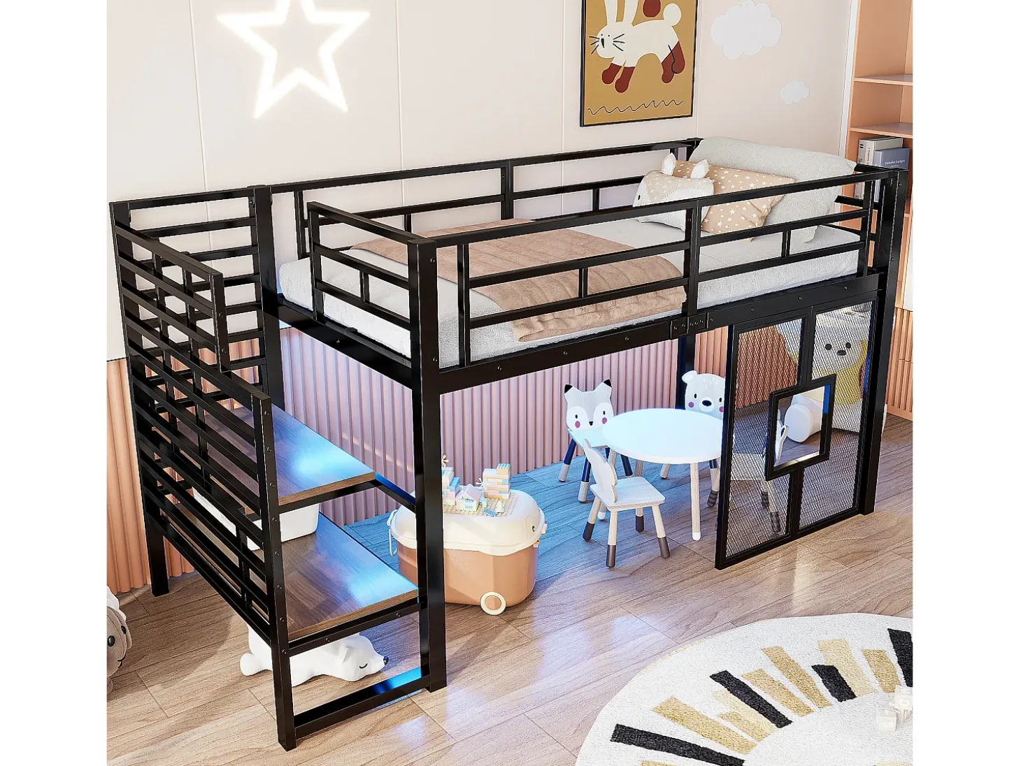 Cama de metal elevada 90x200cm - con iluminação LED - Design janela - Preto (sem colchão)