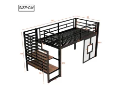 Cama de metal elevada 90x200cm - con iluminação LED - Design janela - Preto (sem colchão)