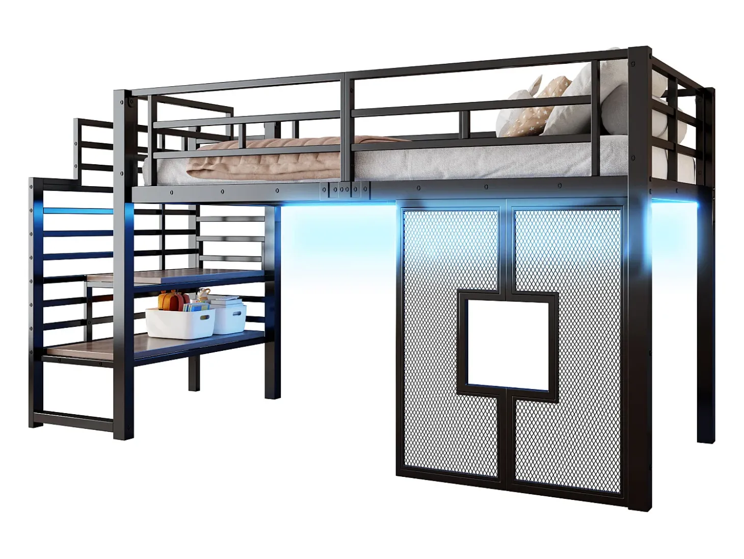 Cama de metal elevada 90x200cm - con iluminação LED - Design janela - Preto (sem colchão)