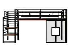Cama de metal elevada 90x200cm - con iluminação LED - Design janela - Preto (sem colchão)