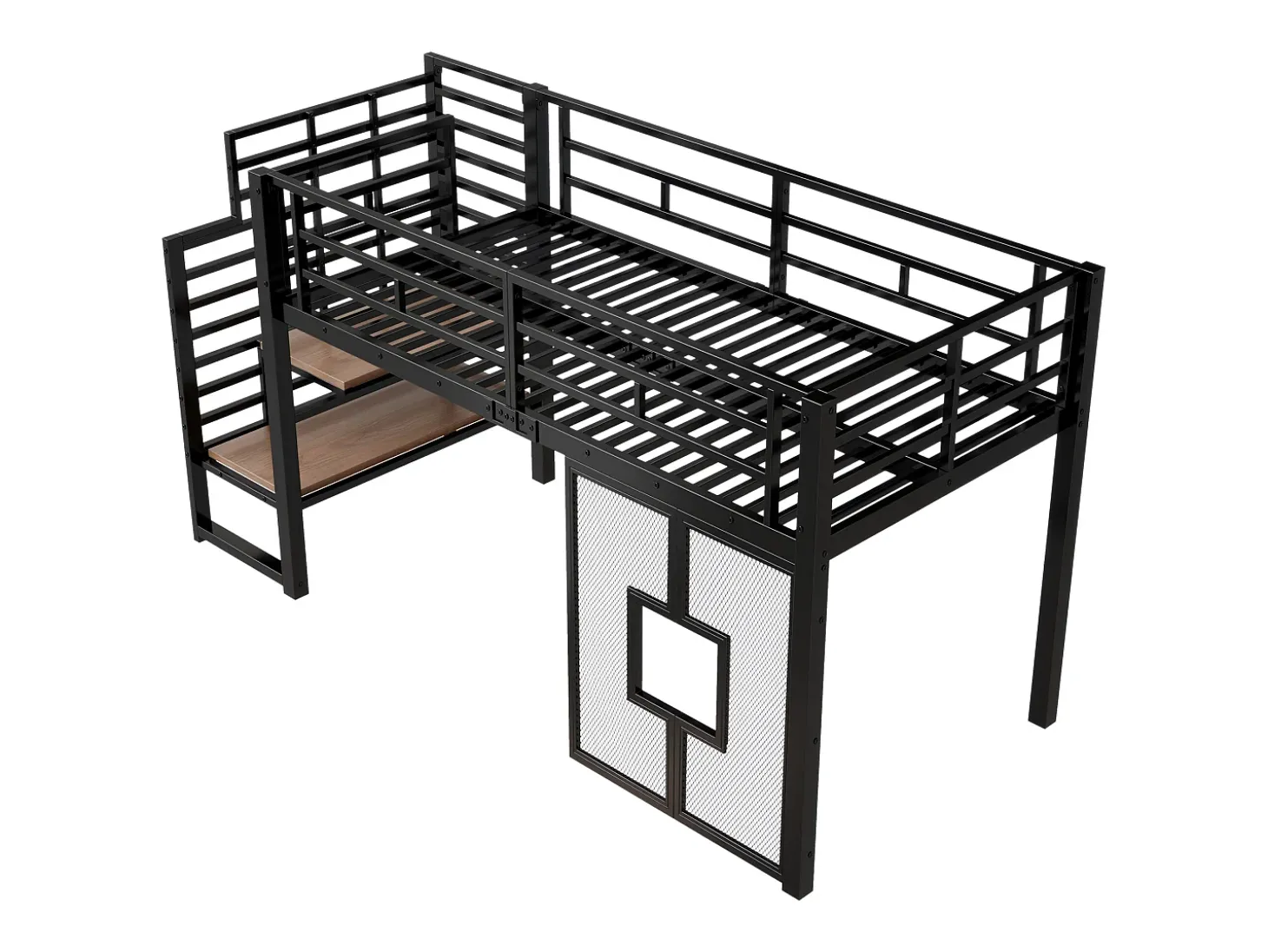 Cama de metal elevada 90x200cm - con iluminação LED - Design janela - Preto (sem colchão)