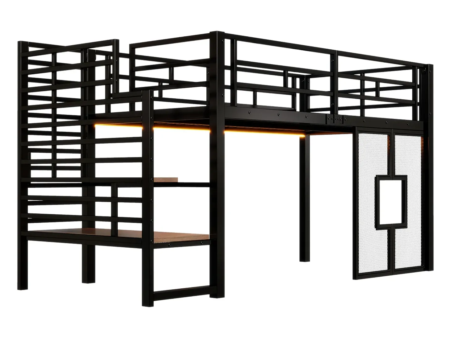 Cama de metal elevada 90x200cm - con iluminação LED - Design janela - Preto (sem colchão)
