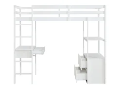 Cama de mezanino 90 x 190 cm com secretária e arrumação pinho e MDF branco - KALIZI