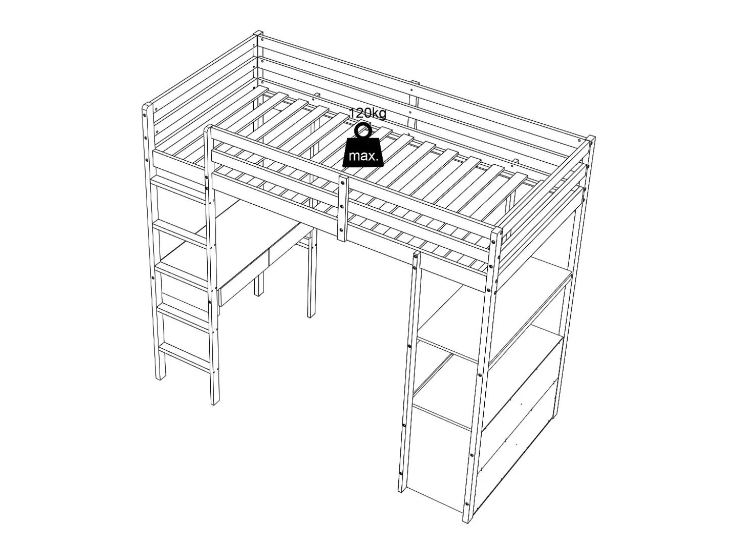 Cama de mezanino 90 x 190 cm com secretária e arrumação pinho e MDF branco - KALIZI