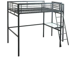 Cama de mezanino CASUALII para 2 pessoas com escrivaninha, preta, e colchão.