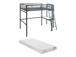 Cama de mezanino CASUALII para 2 pessoas com escrivaninha, preta, e colchão.