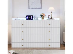 Cama de parede - 140 x 200 cm - com gaveta + USB + LEDs - tampo laqueado de alto brilho - MDF + aglomerado - branca