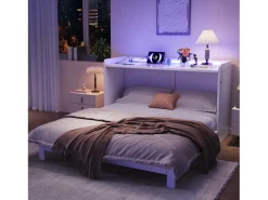 Cama de parede - 140 x 200 cm - com gaveta + USB + LEDs - tampo laqueado de alto brilho - MDF + aglomerado - branca