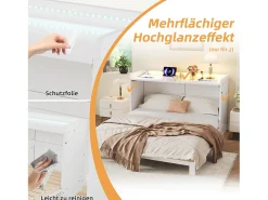 Cama de parede - 140 x 200 cm - com gaveta + USB + LEDs - tampo laqueado de alto brilho - MDF + aglomerado - branca