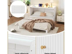 Cama de parede - 140 x 200 cm - com gaveta + USB + LEDs - tampo laqueado de alto brilho - MDF + aglomerado - branca