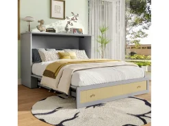 Cama de parede de 140 x 200 cm com gaveta e portas USB - cama de plataforma convertível em MDF - Cinza