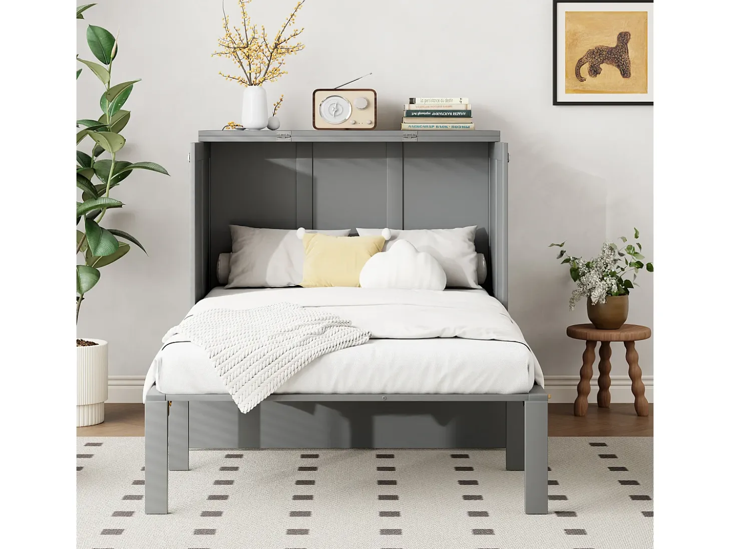 Cama de parede dobrável de 90x200 cm, cama de parede vertical com ripas - cinzento