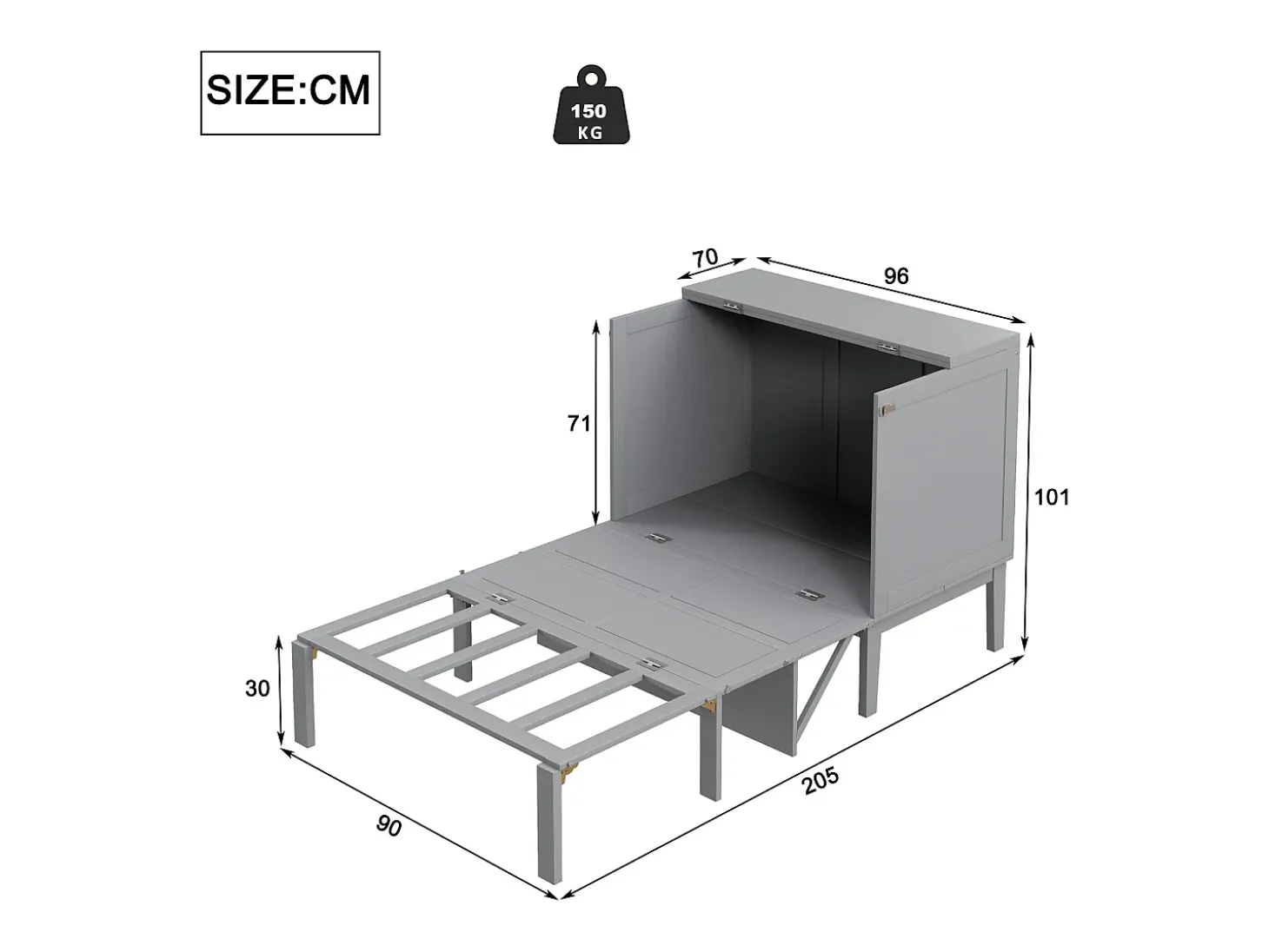 Cama de parede dobrável de 90x200 cm, cama de parede vertical com ripas - cinzento