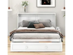 Cama de parede móvel - 140 x 200 cm - cama conversível - com gavetas e prateleira - pinho e MDF - branca