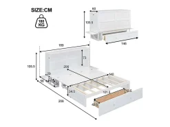 Cama de parede móvel - 140 x 200 cm - cama conversível - com gavetas e prateleira - pinho e MDF - branca