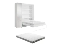 Cama de parede vertical 160 x 200 cm branca 1 armário + espelho + colchão - RAPILI