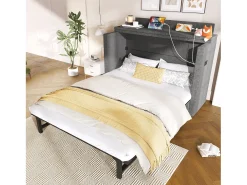 Cama de parede 140x200 cm com 1 gaveta, USB e Tipo-C - Tecido de linho cinzento