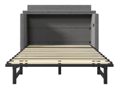 Cama de parede 140x200 cm com 1 gaveta, USB e Tipo-C - Tecido de linho cinzento