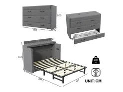 Cama de parede 140x200 cm com 1 gaveta, USB e Tipo-C - Tecido de linho cinzento