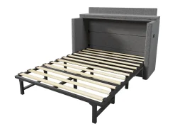 Cama de parede 140x200 cm com 1 gaveta, USB e Tipo-C - Tecido de linho cinzento