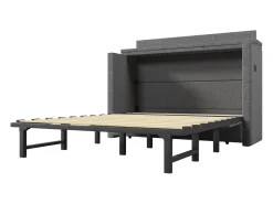 Cama de parede 140x200 cm com 1 gaveta, USB e Tipo-C - Tecido de linho cinzento