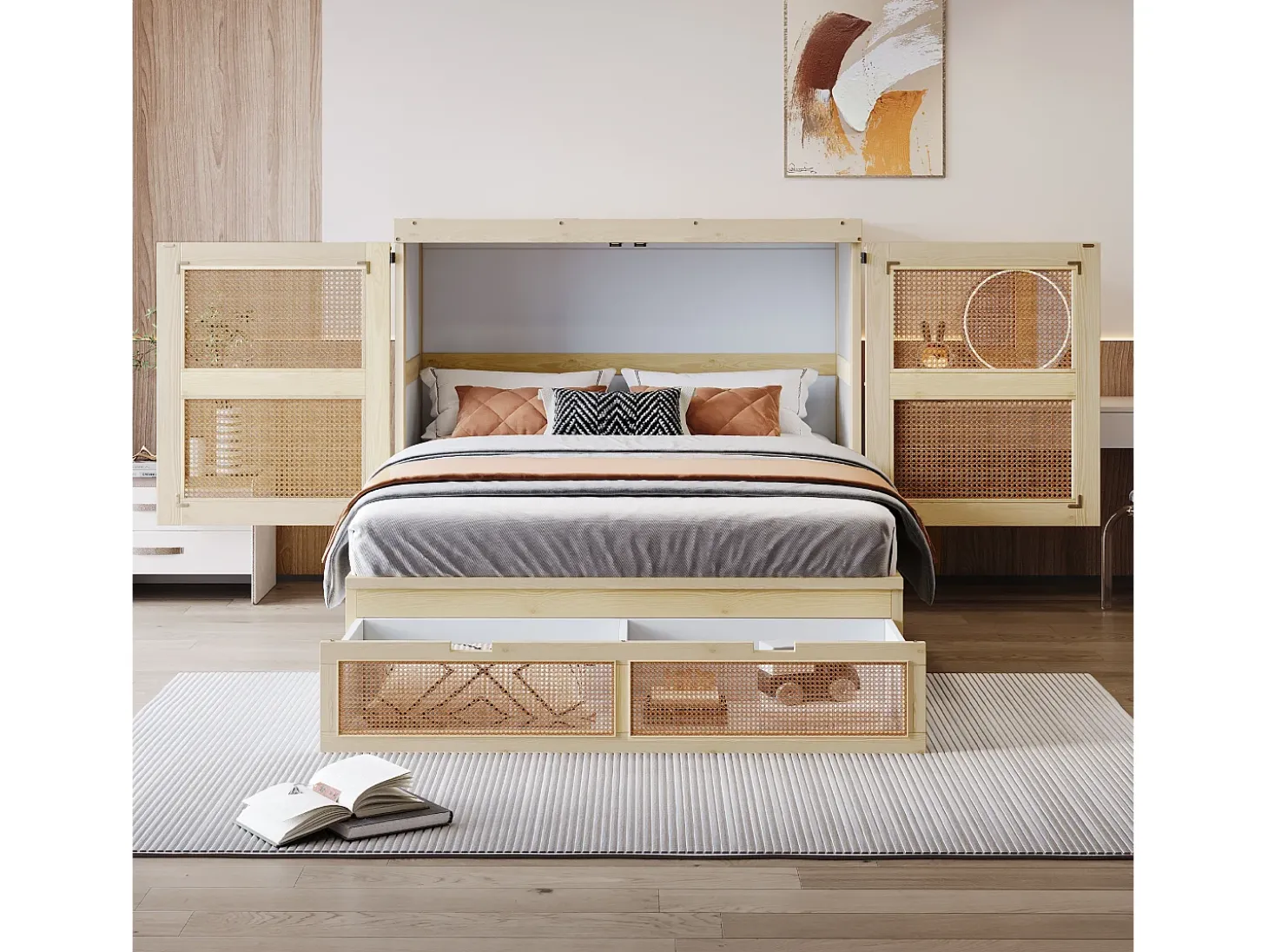 Cama de parede 140x200 cm com estrado de ripas e 2 gavetas - Cor natural clara
