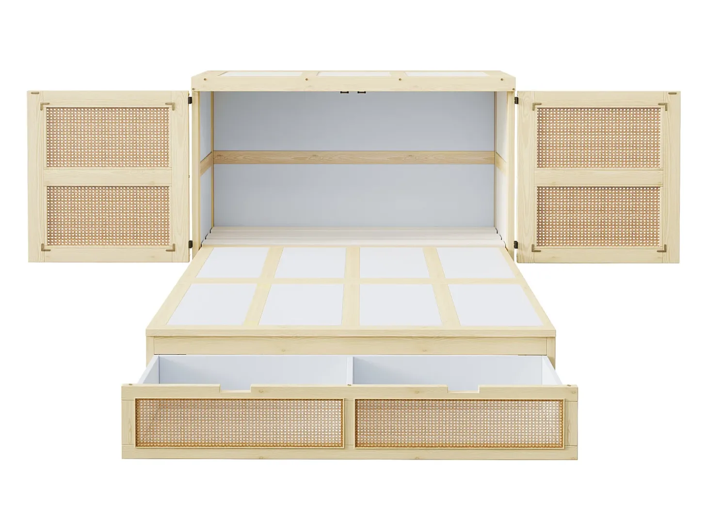 Cama de parede 140x200 cm com estrado de ripas e 2 gavetas - Cor natural clara