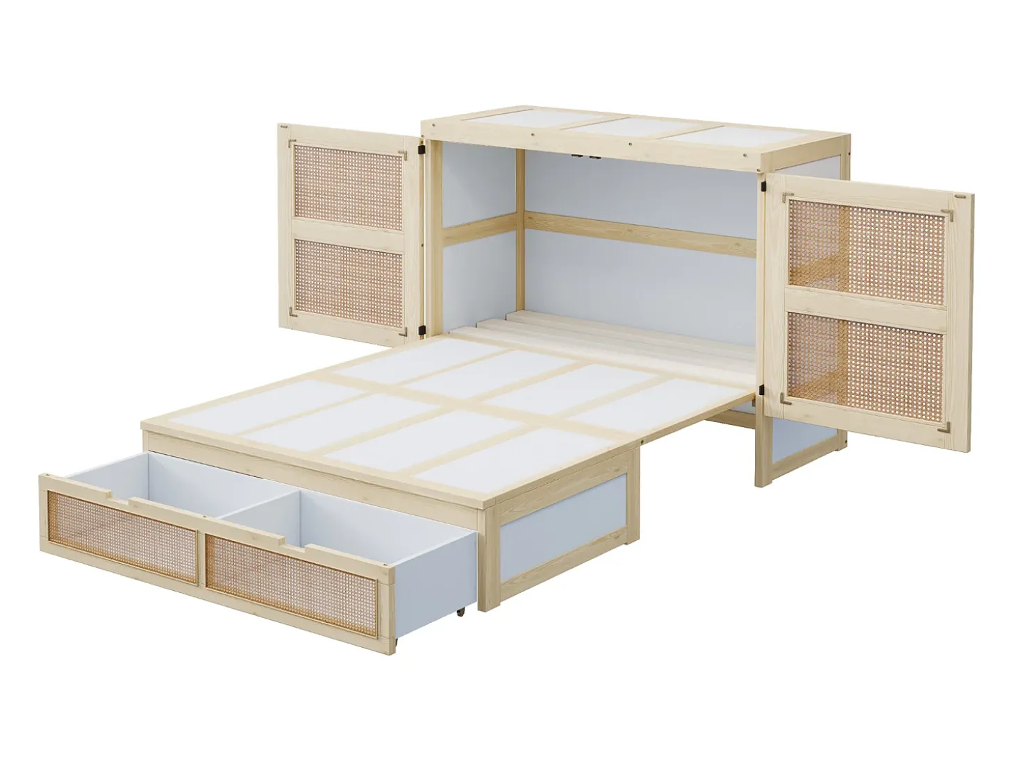 Cama de parede 140x200 cm com estrado de ripas e 2 gavetas - Cor natural clara