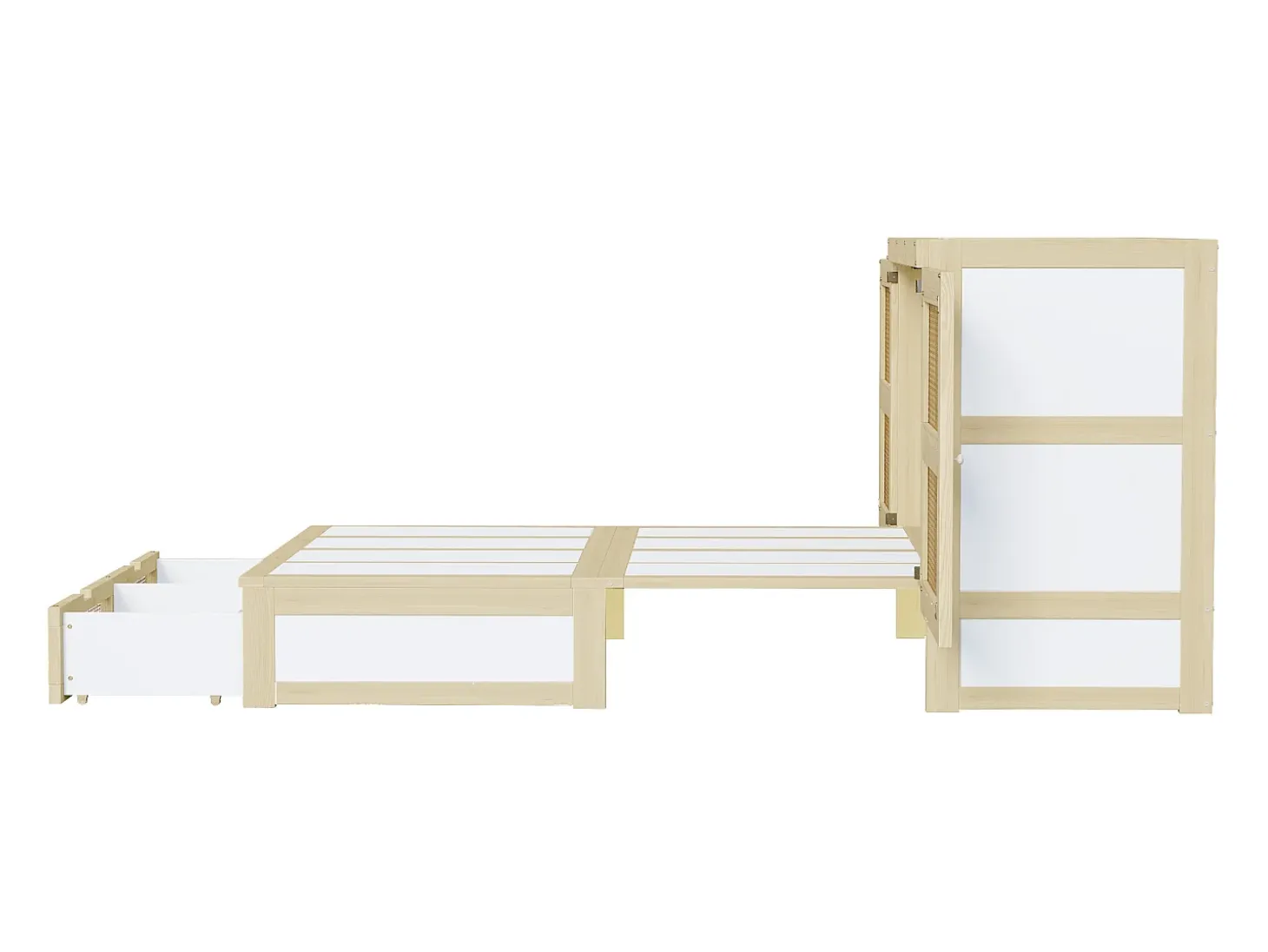 Cama de parede 140x200 cm com estrado de ripas e 2 gavetas - Cor natural clara