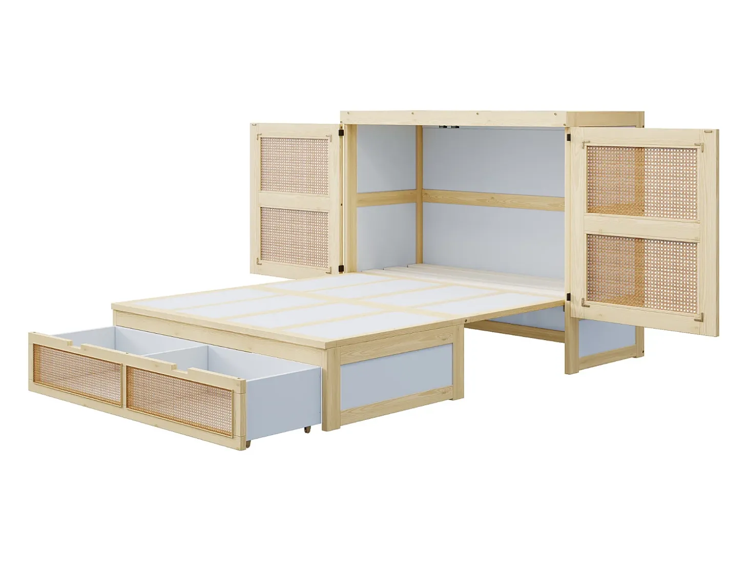 Cama de parede 140x200 cm com estrado de ripas e 2 gavetas - Cor natural clara