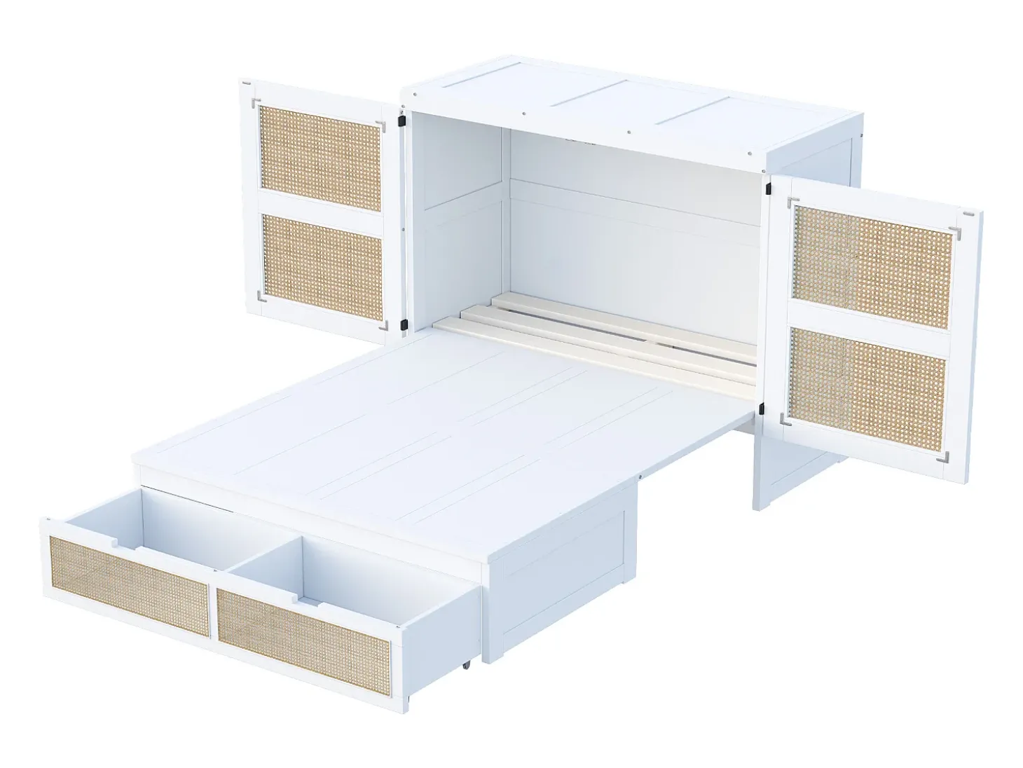 Cama de parede 140x200 cm com estrado de ripas e 2 gavetas - Branca