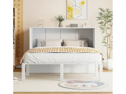 Cama de parede 140x200 cm, com estrado de ripas, cama de parede rebatível, dimensões após dobragem: 70x140cm, sem colchão, madeira, branco