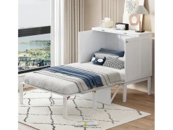 Cama de parede 90x200 cm, com estrado de ripas - Cama de criança/adulto - Madeira branca