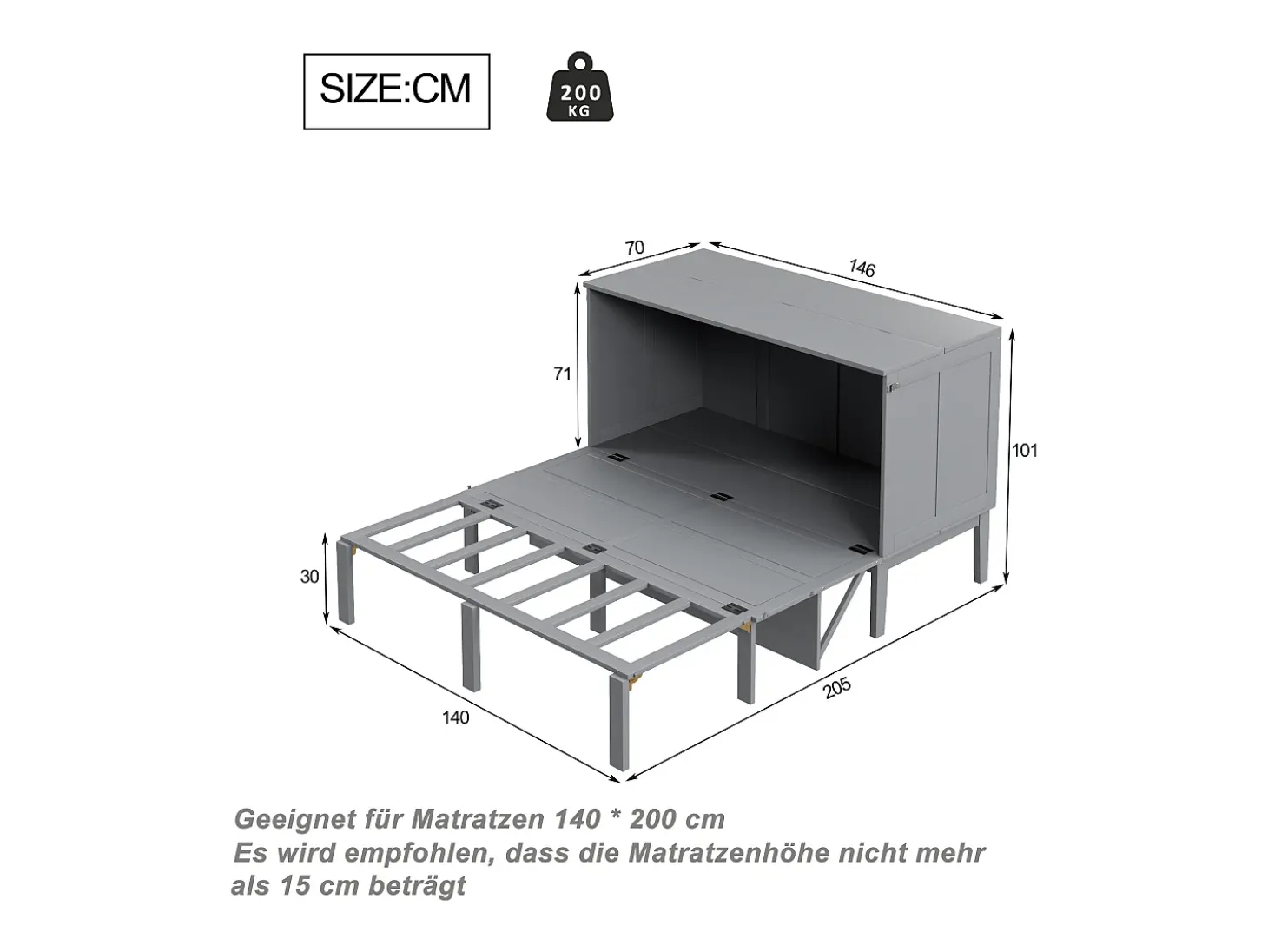 Cama de parede 140x200 cm, com estrado de ripas - Cama de criança/adulto - Madeira cinzenta