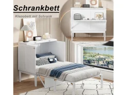 Cama de parede 90x200 cm, com estrado de ripas, cama de parede rebatível, dimensões após dobragem: 70x90cm, sem colchão, madeira, branco