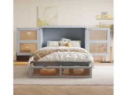 Cama de parede 140x200 cm com estrado de ripas e 2 gavetas - Cinza