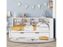 Cama de rodízio 140 x 200 cm + 90 x 190 cm com porta USB e arrumação - madeira maciça - branco