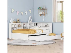 Cama de rodízio 140 x 200 cm + 90 x 190 cm com porta USB e arrumação - madeira maciça - branco