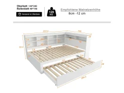 Cama de rodízio 140 x 200 cm + 90 x 190 cm com porta USB e arrumação - madeira maciça - branco