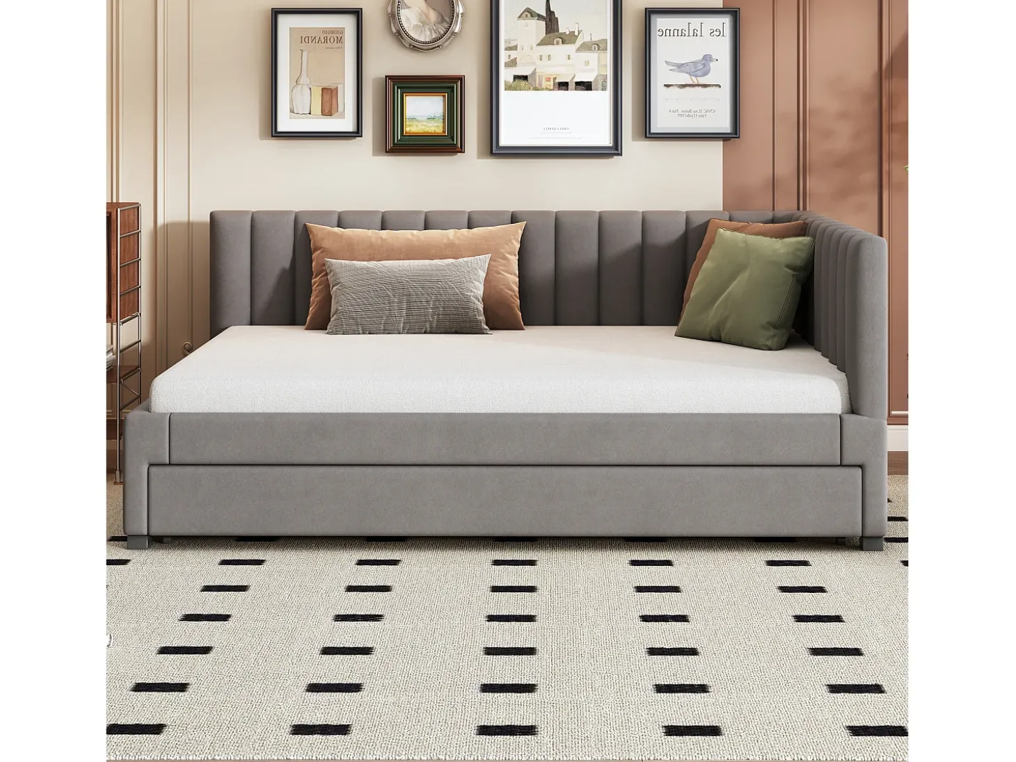Cama de rodízio 140 x 200 cm + 90 x 190 cm com cabeceira - Tecido veludo - com base de ripas - Cinza