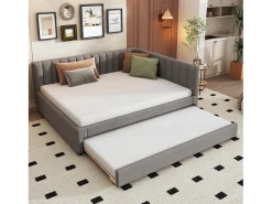 Cama de rodízio 140 x 200 cm + 90 x 190 cm com cabeceira - Tecido veludo - com base de ripas - Cinza