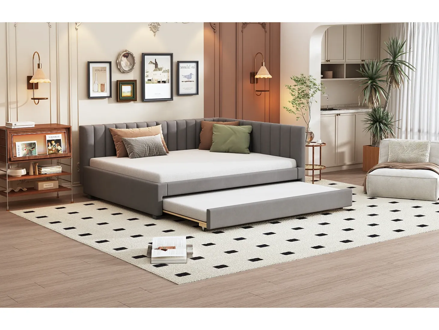 Cama de rodízio 140 x 200 cm + 90 x 190 cm com cabeceira - Tecido veludo - com base de ripas - Cinza