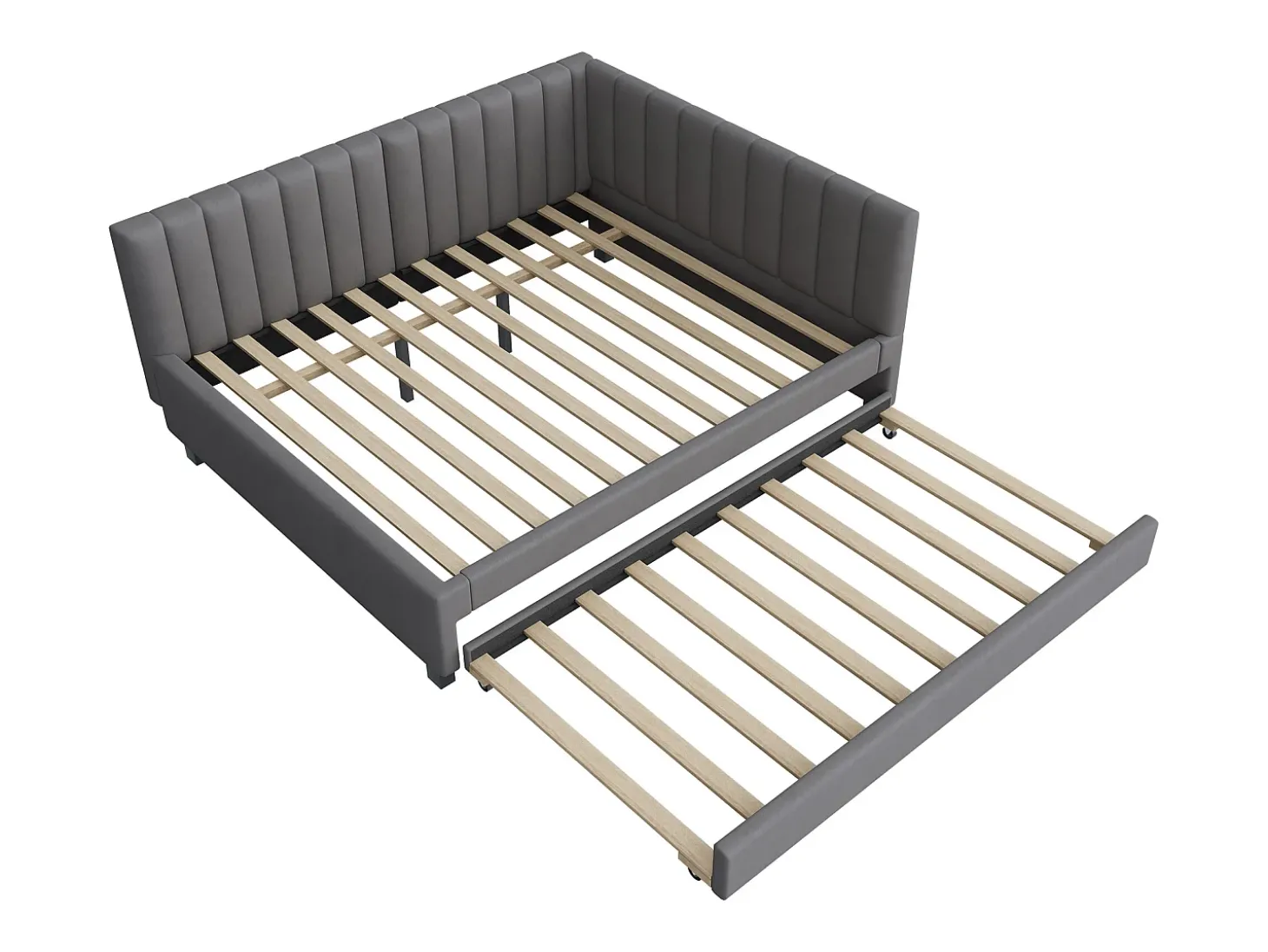 Cama de rodízio 140 x 200 cm + 90 x 190 cm com cabeceira - Tecido veludo - com base de ripas - Cinza